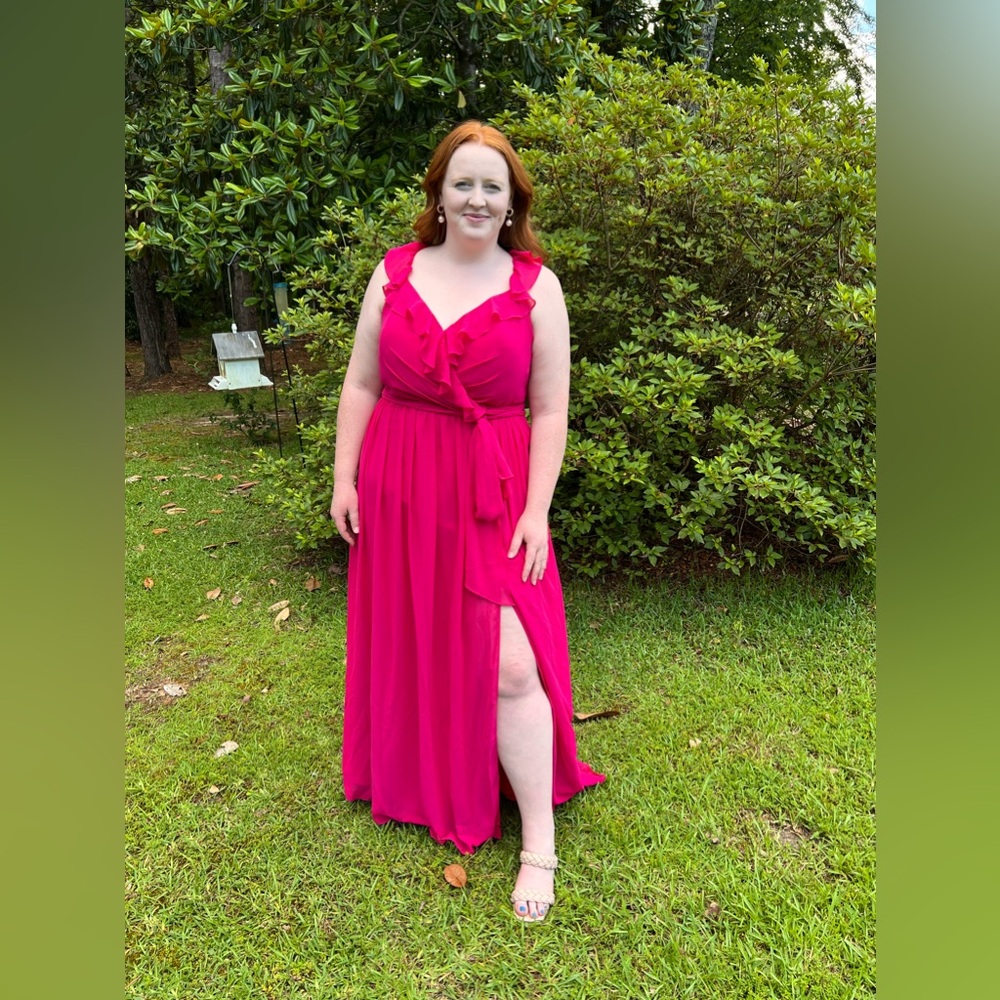 Revelry Hot Pink Faux Wrap Bridesmaid Dress